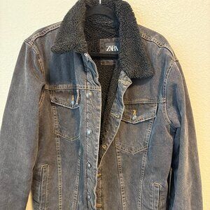 Washed Black Denim Jacket Sherpa Lined